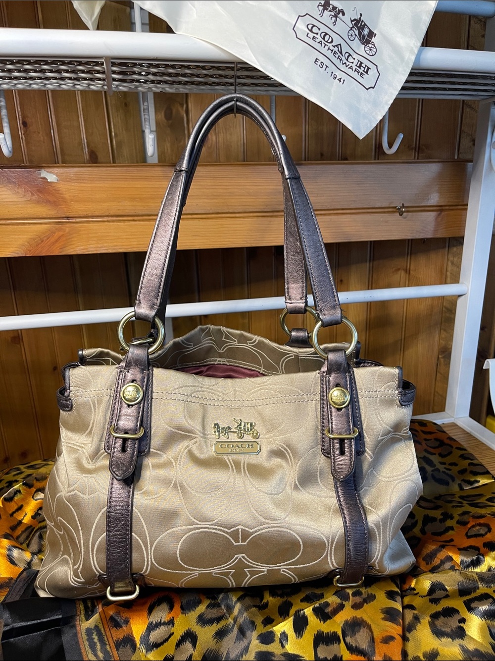 Coach Beige Signature Shoulder Bag with Dark Brown Trim gold-tone hardware